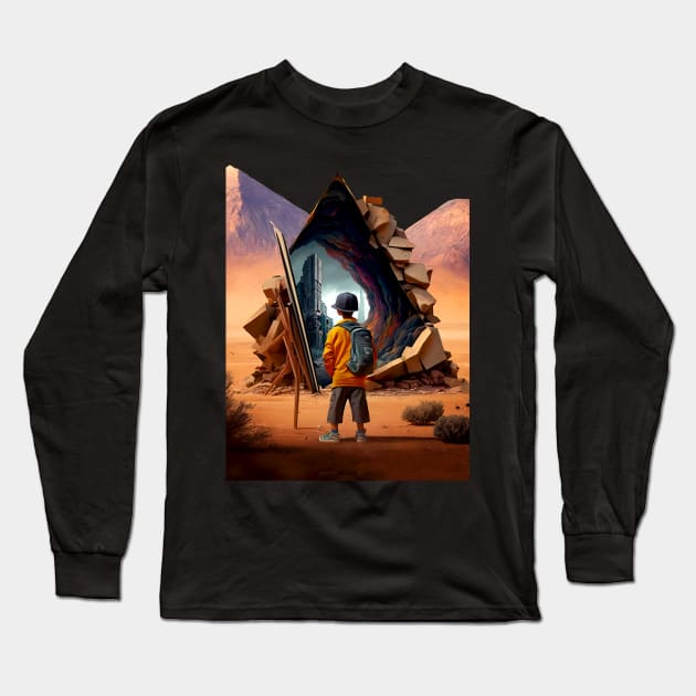 Wonderment a Time Travel Odyssey: A Journey to a Dystopian Future on a Dark Background Long Sleeve T-Shirt by Puff Sumo